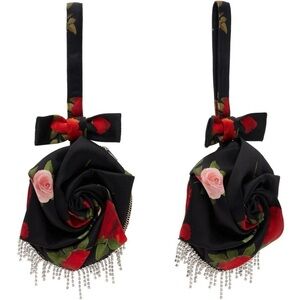 Shushu /Tong- Black and Red Rose Hand Mini Bag Satin Crystal Details Rare